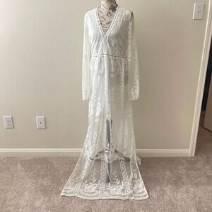 Wicked AF White Floral Lace Sheer Maxi Dress Long Sleeve Boho Festival Gown NEW